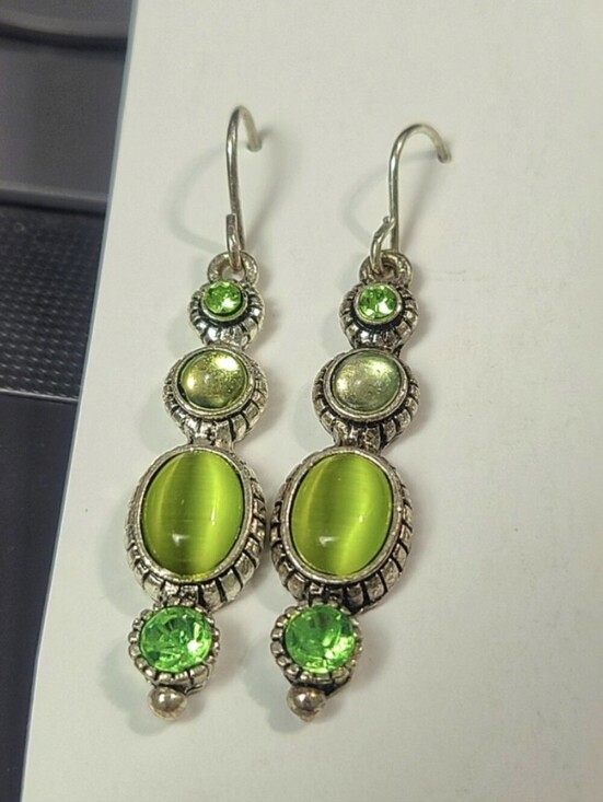 Vintage Jewelry - Vintage Lime Green Cat Eye Stone Sliver Dangle Earrings